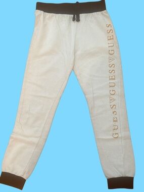 GUESS White Joggers with Gold Logo Size L (14) Black Trim Drawstring
